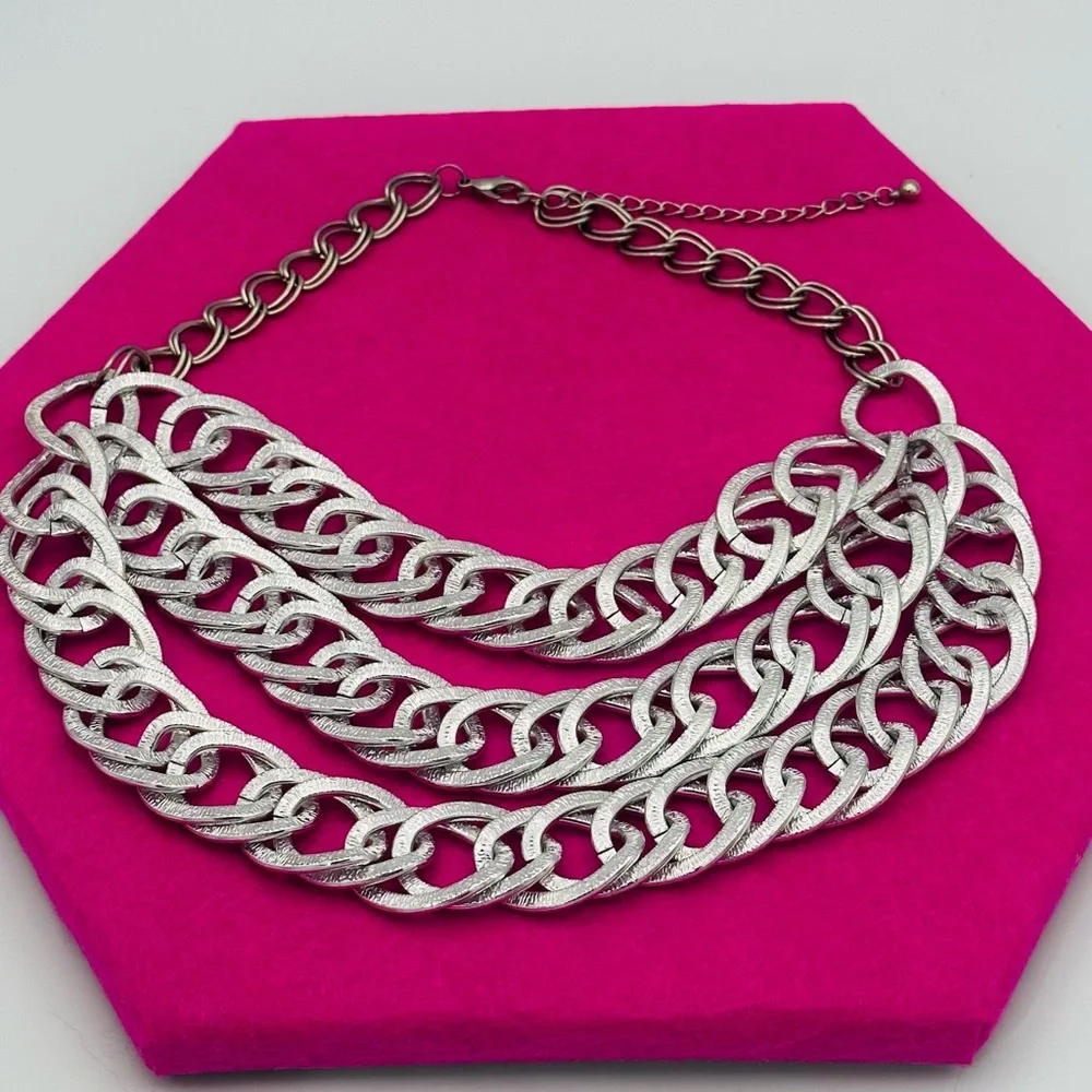 Silver Multi-Row Chain Link Chunky Statement Necklace - Picture 2 of 10